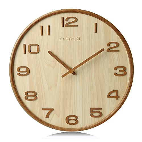 Lafocuse Holz Lautlos Wanduhr Beige Vintage, 3D Ziffern Retro, Wanduhr Ohne Ticken Geräuschlos Deko Wohnzimmer Schlafzimmer Küche 30cm von Lafocuse