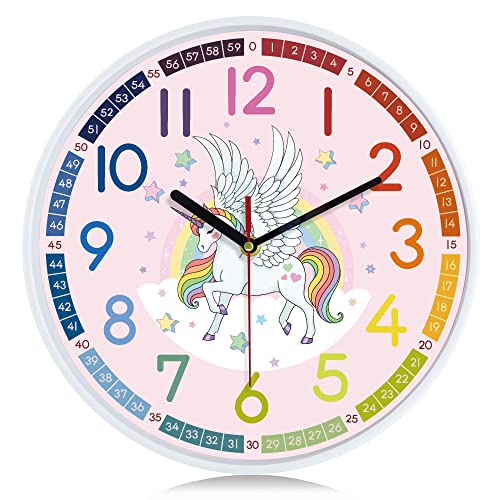 Lafocuse Kinder Wanduhr Lautlos Einhorn, Bunt Ziffern Kreativ Einfach zu Lesen, Rosa Lernuhr für Mädchen und Jungen, Ohne Ticken für Kinderzimmer Kindergarten Schule 30cm von Lafocuse