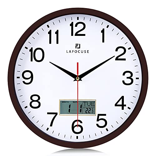 Lafocuse Lautlos Dunkelbraun Wanduhr mit Datum und Temperatur Wochentag Analog LCD Digitale Kalender Quarzuhr für Wohnzimmer Schlafzimmer Büro 30cm von Lafocuse