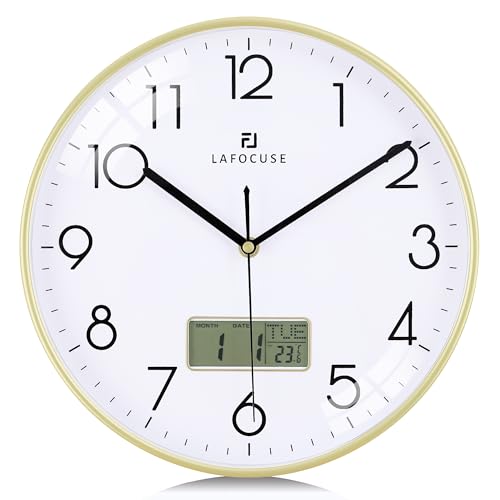 Lafocuse Lautlos Wanduhr mit Kalender Digital LCD, Modern Wanduhr mit Datum Wochentag und Thermometer, Gold Analog Quarzuhr für Wohnzimmer Schlafzimmer Büro Küche 30cm von Lafocuse