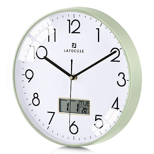 Lafocuse Lautlos Wanduhr mit Kalender Digital LCD, Modern Wanduhr mit Datum Wochentag und Thermometer, Grün Analog Quarzuhr für Wohnzimmer Schlafzimmer Büro Küche 30cm von Lafocuse