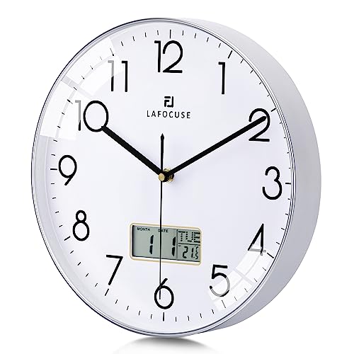 Lafocuse Lautlos Wanduhr mit Kalender Digital LCD, Modern Wanduhr mit Datum Wochentag und Thermometer, Silber Analog Quarzuhr für Wohnzimmer Schlafzimmer Büro Küche 30cm von Lafocuse