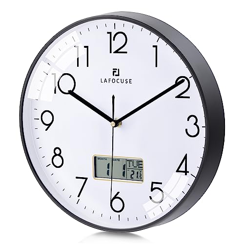 Lafocuse Lautlos Wanduhr mit Kalender Digital LCD, Modern Wanduhr mit Datum Wochentag und Thermometer, Schwarz Analog Quarzuhr für Wohnzimmer Schlafzimmer Büro Küche 30cm von Lafocuse