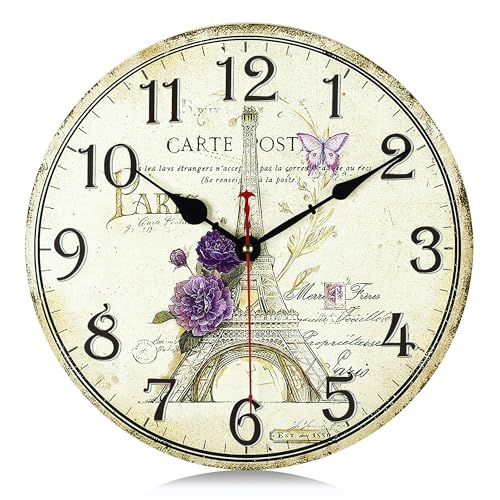 Lafocuse Lautlos Wanduhr Eiffelturm Vintage, Retro Holz Shabby Chic Wanduhren Deko Ohne Ticken für Wohnzimmer Schlafzimmer Küchen Büro 30cm von Lafocuse