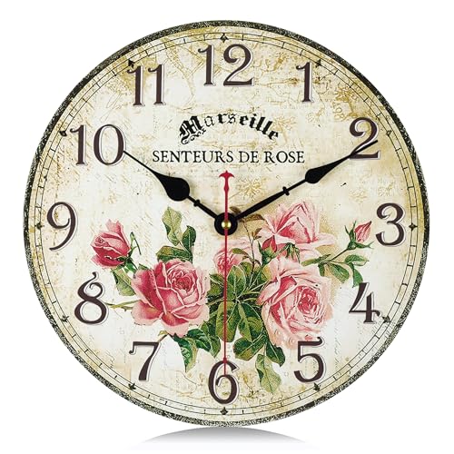 Lafocuse Lautlos Wanduhr Rose Vintage, Retro Holz Shabby Chic Wanduhren Deko Ohne Ticken für Wohnzimmer Schlafzimmer Küchen Büro 30cm von Lafocuse