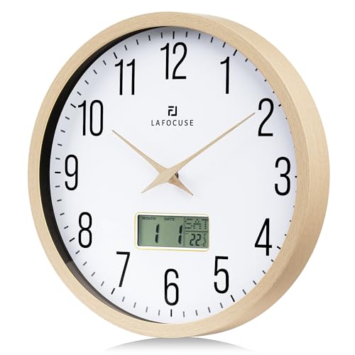 Lafocuse Lautlos Wanduhr mit Kalender Digital LCD, Vintage Wanduhr mit Datum Wochentag und Thermometer, Beige Analog Quarzuhr für Wohnzimmer Schlafzimmer Büro Küche 30cm von Lafocuse
