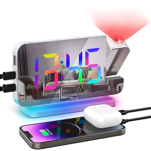 Lafocuse Projektionswecker, Bunter Wecker mit 11 RGB LED Display & 10 RGB Nachtlicht, 180° Drehbarem Projektor, Snooze, USB C Anschluss, Helligkeit und Lautstärke Regelbar, Tischuhr Nachttisch Weiß von Lafocuse
