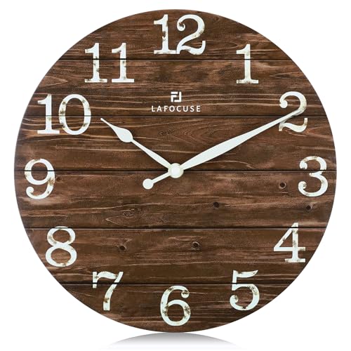 Lafocuse Rustikal Wanduhr Holz Lautlos, Vintage Retro Wanduhr Braun, Shabby Chic Deko Ohne Ticken für Wohnzimmer Schlafzimmer Küchen Büro 30cm von Lafocuse