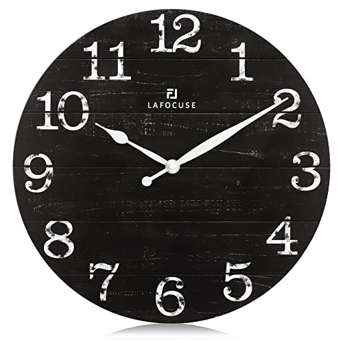 Lafocuse Rustikal Wanduhr Holz Lautlos, Vintage Retro Wanduhr Schwarz, Shabby Chic Deko Ohne Ticken für Wohnzimmer Schlafzimmer Küchen Büro 30cm von Lafocuse