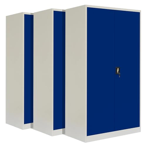 3-Pack LagerZwei Mehrzweckschrank 195x100x50cm I Großer Metallschrank, 4 Fachböden I Aktenschrank, abschließbar I Robuster Allzweckschrank als Werkstattschrank & Büroschrank I Stahlschrank weiß-blau von Lager|Zwei