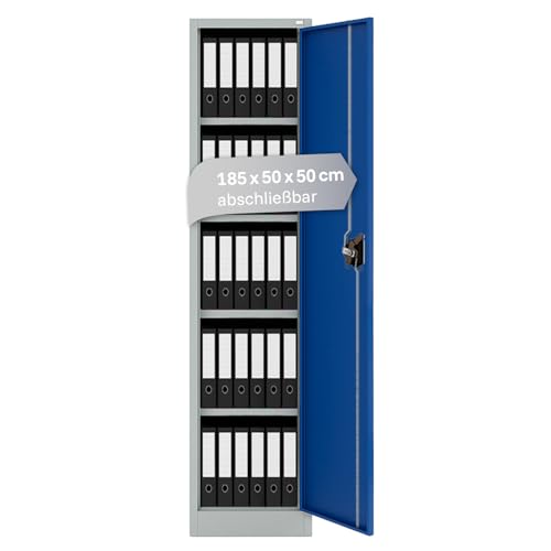 LagerZwei Mehrzweckschrank 185x50x50cm I Metallschrank, 4 Fachböden I Aktenschrank abschließbar I Robuster Allzweckschrank als Spind, Werkstattschrank & Kellerschrank I Stahlschrank blau-weiß von Lager|Zwei
