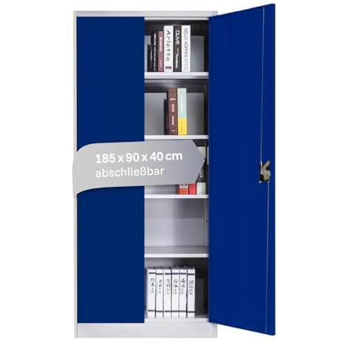 LagerZwei Mehrzweckschrank 185x90x40cm I Metallschrank, 4 Fachböden I Aktenschrank, abschließbar I Robuster Allzweckschrank als Werkstattschrank & Büroschrank I Stahlschrank blau-weiß von Lager|Zwei