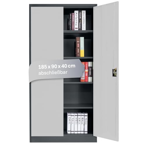 LagerZwei Mehrzweckschrank 185x90x40cm I Metallschrank, 4 Fachböden I Aktenschrank, abschließbar I Robuster Allzweckschrank als Werkstattschrank & Büroschrank I Stahlschrank grau-weiß von Lager|Zwei