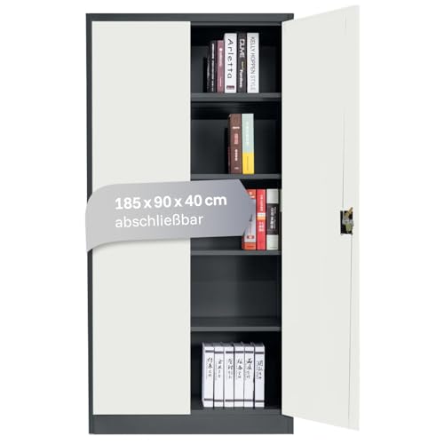 LagerZwei Mehrzweckschrank 185x90x40cm I Metallschrank, 4 Fachböden I Aktenschrank, abschließbar I Robuster Allzweckschrank als Werkstattschrank & Büroschrank I Stahlschrank schwarz-weiß von Lager|Zwei