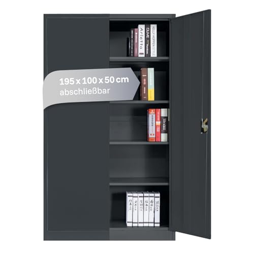 LagerZwei Mehrzweckschrank 195x100x50cm I Metallschrank, 4 Fachböden I Großer Aktenschrank, abschließbar I Robuster Allzweckschrank als Werkstattschrank & Büroschrank I Stahlschrank anthrazit von Lager|Zwei