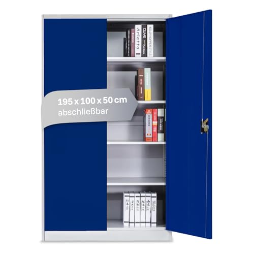 LagerZwei Mehrzweckschrank 195x100x50cm I Metallschrank, 4 Fachböden I Großer Aktenschrank, abschließbar I Robuster Allzweckschrank als Werkstattschrank & Büroschrank I Stahlschrank blau von Lager|Zwei