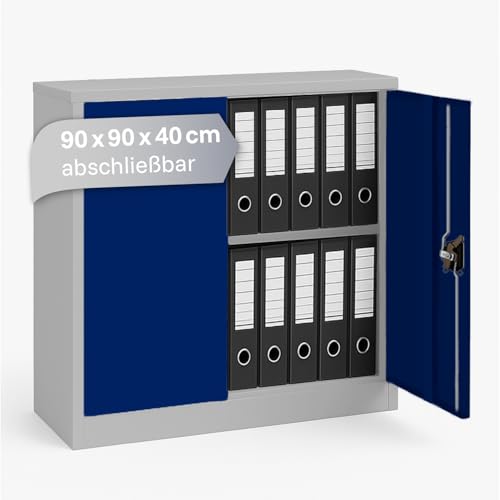 LagerZwei Mehrzweckschrank 90x90x40cm I Metallschrank inkl. Fachboden I Aktenschrank abschließbar, als Werkstattschrank, Büroschrank & Kellerschrank I Stahlschrank robust I Allzweckschrank blau-weiß von Lager|Zwei