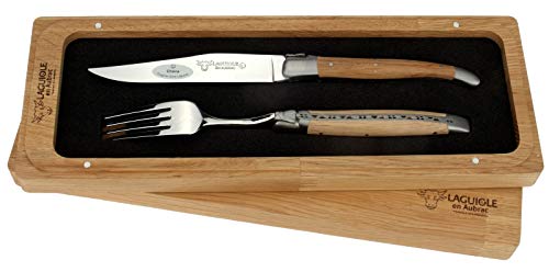 Laguiole en Aubrac - 1 Steakmesser und 1 Gabel als Besteck Set - Griff Eichen-Holz - Original Frankreich mit Zertifikat von LAGUIOLE EN AUBRAC L