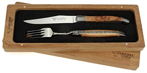 Laguiole en Aubrac - 1 Steakmesser und 1 Gabel im Besteck-Set - Griff Wacholder Holz - Original Frankreich mit Zertifikat von LAGUIOLE EN AUBRAC L
