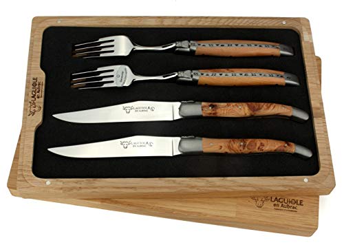 Laguiole en Aubrac - 2 Steakmesser und 2 Gabeln im Set - Griff Wacholder Holz - Original Frankreich mit Zertifikat von Laguiole en Aubrac
