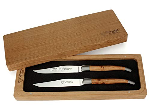 Laguiole en Aubrac - 2er Set original Laguiole Steakmesser - Griffschalen Wacholder - Tafelmesser Frankreich von Laguiole en Aubrac