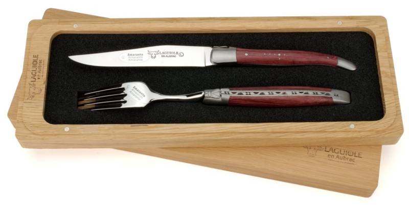 Laguiole en Aubrac Steakbesteck 1CF99ATI, 1 Messer / 1 Gabel - Griff Amaranth - Backen matt - Stahl glänzend von Laguiole en Aubrac