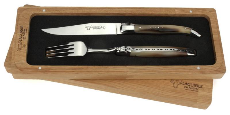 Laguiole en Aubrac Steakbesteck 1CF99PCI, 1 Messer / 1 Gabel - Griff Hornspitze - Stahl glänzend von Laguiole en Aubrac