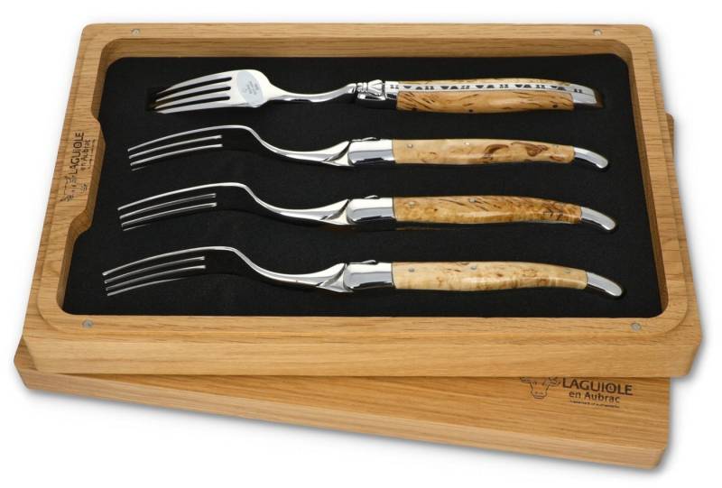 Laguiole en Aubrac Steakbesteck 42F99BHIH BRI, 4 Gabeln - Griff Birkenholz - Backen und Gabelteil Stahl glänzend von Laguiole en Aubrac