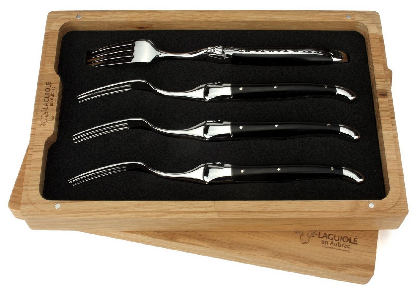 Laguiole en Aubrac Steakbesteck 42F99EBIF, 4 Gabeln - Griff Ebenholz - Backen glänzend - Gabelteil Stahl glänzend Laguiole en Aubrac Steakbesteck 42F99EBIF, 4 Gabeln - Griff Ebenholz - Backen glänzend - Gabelteil Stahl glänzend von Laguiole en Aubrac