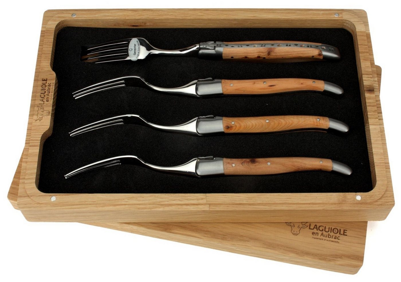 Laguiole en Aubrac Steakbesteck 42F99GEIF, 4 Gabeln - Griff Wacholder - Backen matt - Gabelteil Stahl glänzend Laguiole en Aubrac Steakbesteck 42F99GEIF, 4 Gabeln - Griff Wacholder - Backen matt - Gabelteil Stahl glänzend von Laguiole en Aubrac