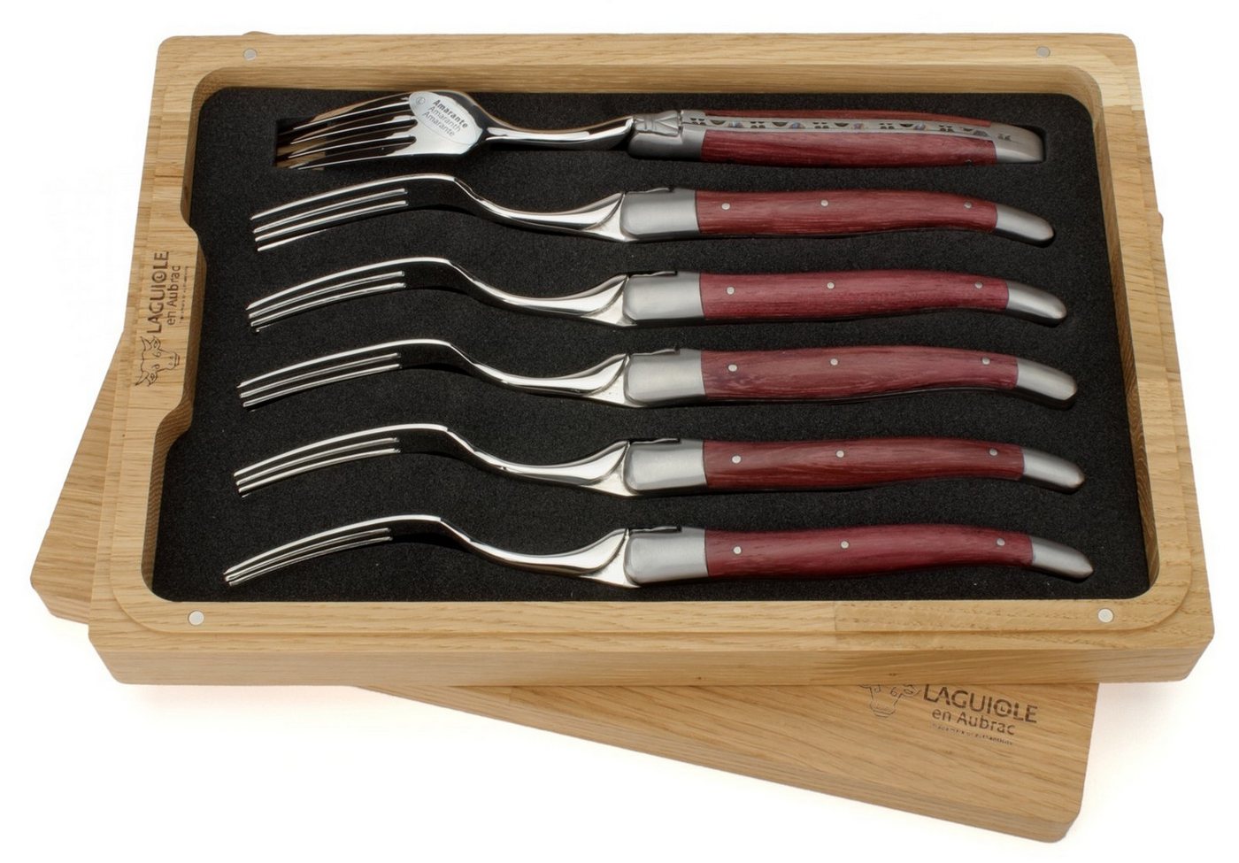 Laguiole en Aubrac Steakbesteck 62F99ATIF, 6 Gabeln - Griff Amaranth - Backen matt - Gabelteil Stahl glänzend Laguiole en Aubrac Steakbesteck 62F99ATIF, 6 Gabeln - Griff Amaranth - Backen matt - Gabelteil Stahl glänzend von Laguiole en Aubrac