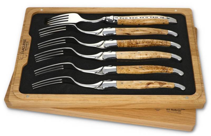 Laguiole en Aubrac Steakbesteck 62F99BHIH BRI, 6 Gabeln - Griff Birkenholz - Backen und Gabelteil Stahl glänzend von Laguiole en Aubrac