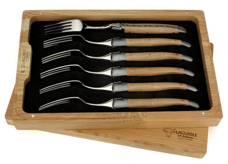 Laguiole en Aubrac Steakbesteck 62F99CHIF, 6 Gabeln - Griff Eichenholz - Backen matt - Gabelteil Stahl glänzend von Laguiole en Aubrac