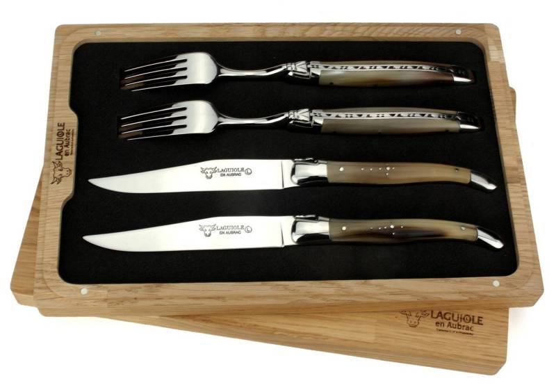 Laguiole en Aubrac Steakbesteck CCF99PCI, 2 Messer / 2 Gabeln - Griff Hornspitze - Stahl glänzend von Laguiole en Aubrac