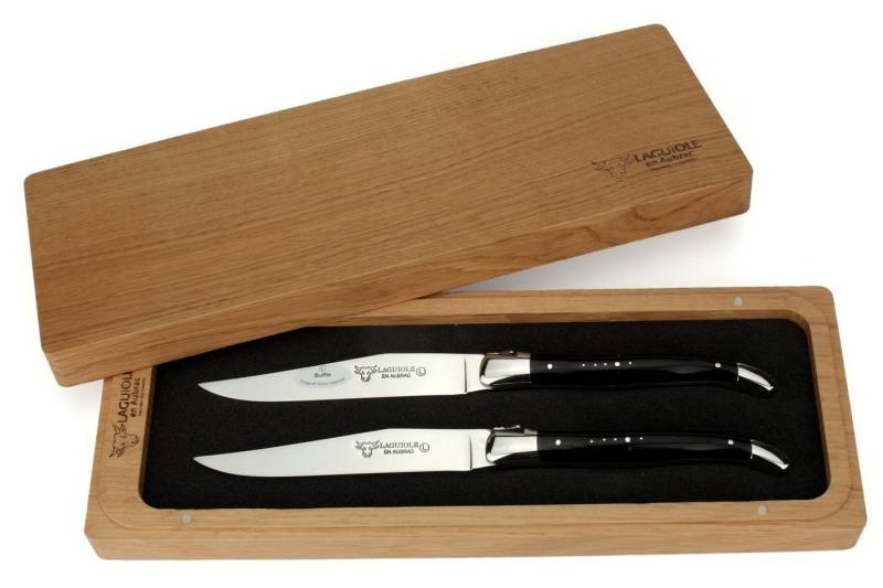 Laguiole en Aubrac Steakmesser 22C99BUIH 2er Set - Griff Büffelhorn - Backen glänzend - Klinge glanz - Holzbox von Laguiole en Aubrac