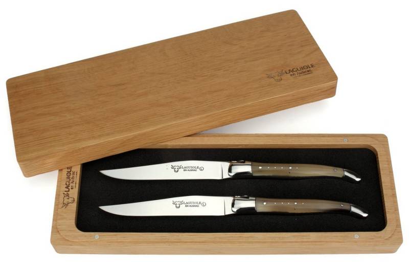 Laguiole en Aubrac Steakmesser 22C99PCIH 2er Set - Griff Hornspitze - Backen glänzend - Klinge glanz - Holzbox von Laguiole en Aubrac