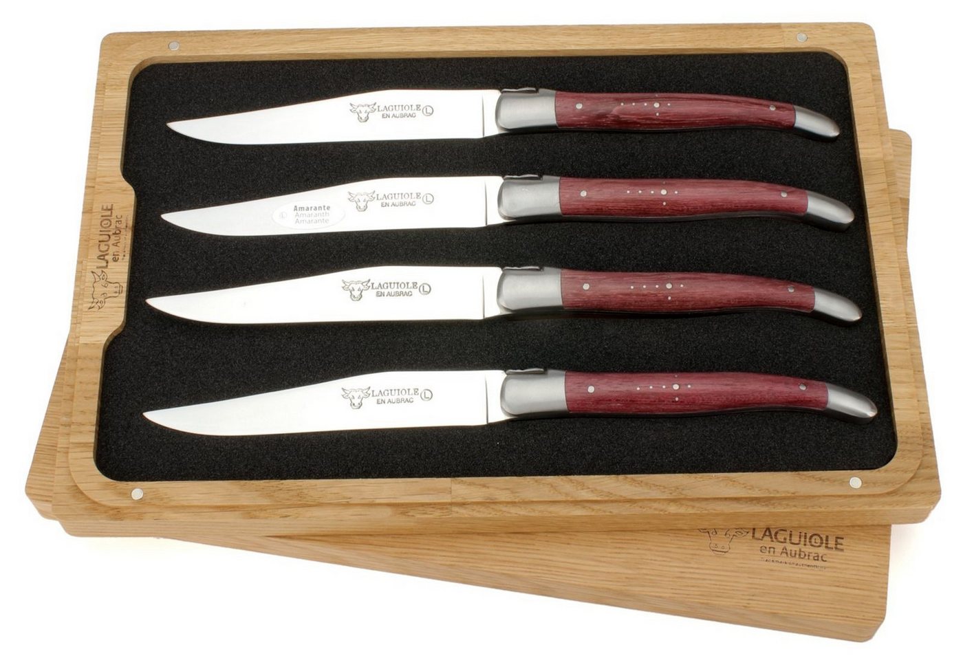 Laguiole en Aubrac Steakmesser 42C99ATIH 4er Set - Griff Amaranth - Backen matt - Klinge glänzend - Holzbox Laguiole en Aubrac Steakmesser 42C99ATIH 4er Set - Griff Amaranth - Backen matt - Klinge glänzend - Holzbox von Laguiole en Aubrac