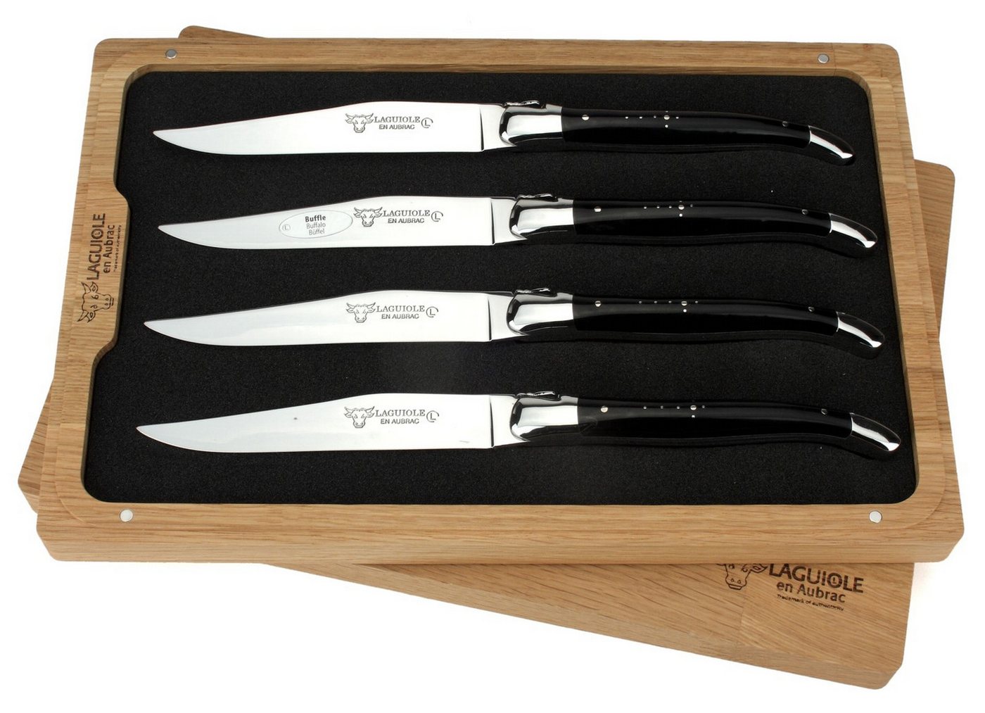 Laguiole en Aubrac Steakmesser 42C99BUIH 4er Set - Griff Büffelhorn - Backen glänzend - Klinge glanz - Holzbox Laguiole en Aubrac Steakmesser 42C99BUIH 4er Set - Griff Büffelhorn - Backen glänzend - Klinge glanz - Holzbox von Laguiole en Aubrac