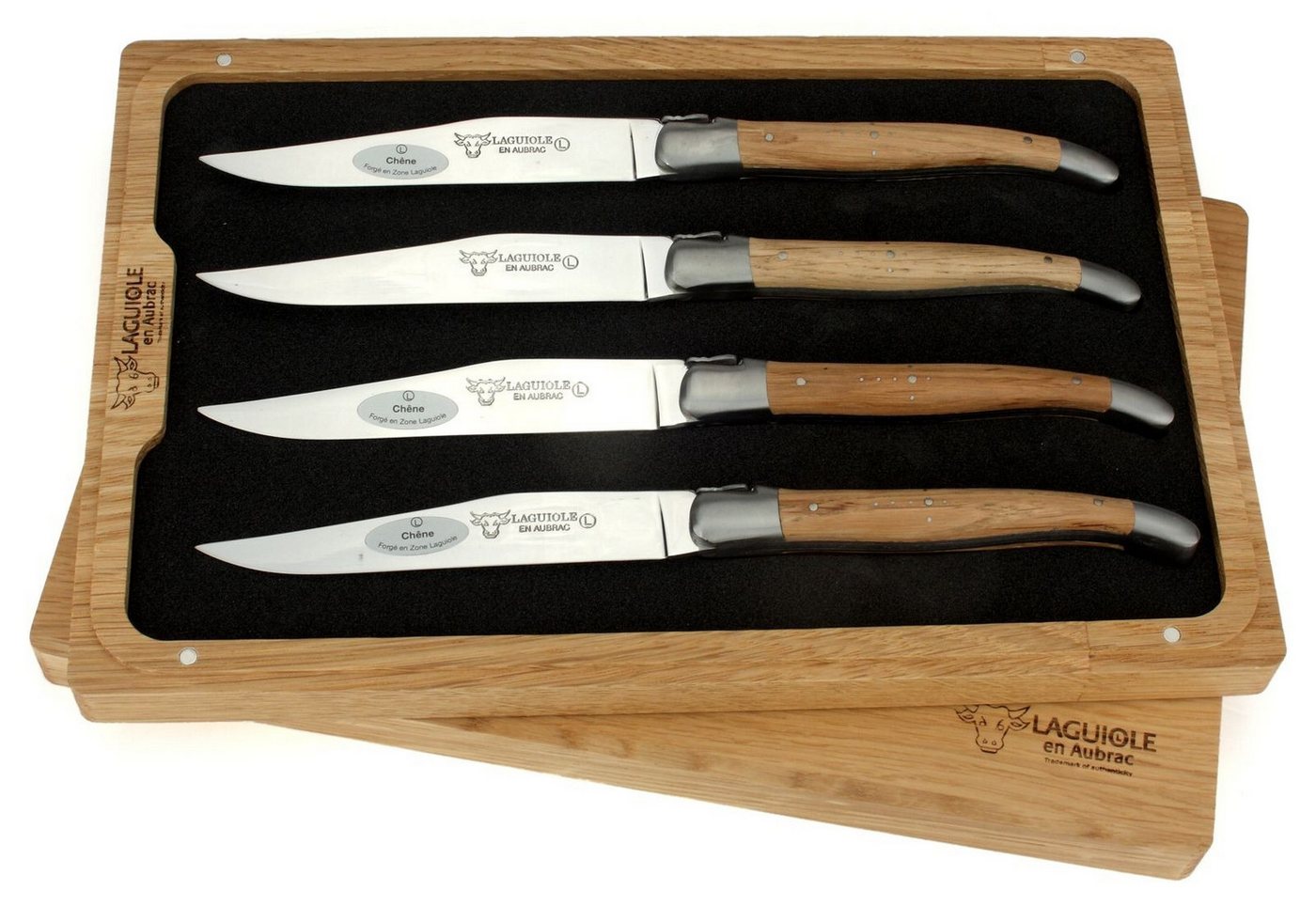 Laguiole en Aubrac Steakmesser 42C99CHIH 4er Set - Griff Eichenholz - Backen matt - Klinge glänzend - Holzbox Laguiole en Aubrac Steakmesser 42C99CHIH 4er Set - Griff Eichenholz - Backen matt - Klinge glänzend - Holzbox von Laguiole en Aubrac
