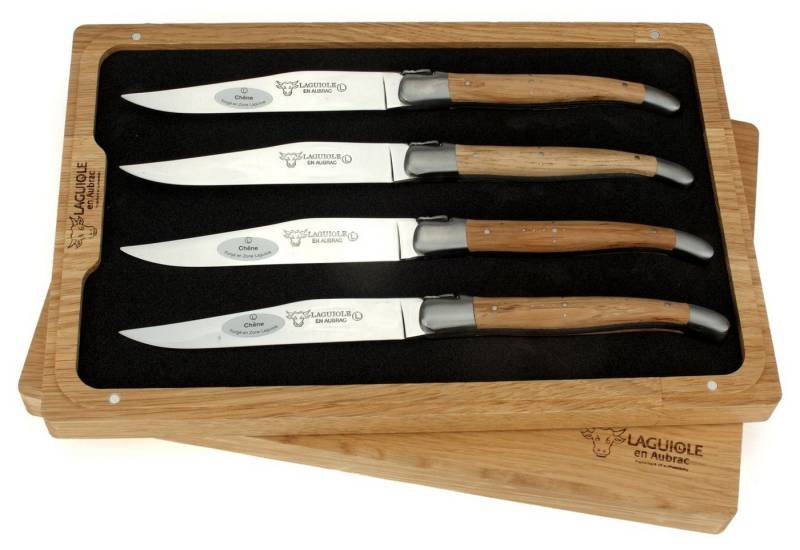 Laguiole en Aubrac Steakmesser 42C99CHIH 4er Set - Griff Eichenholz - Backen matt - Klinge glänzend - Holzbox von Laguiole en Aubrac