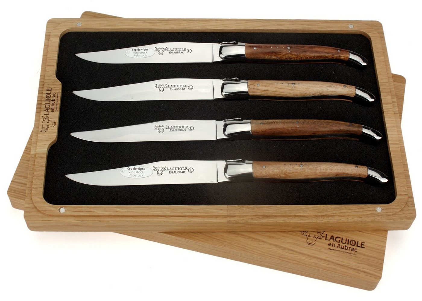 Laguiole en Aubrac Steakmesser 42C99CVIH 4er Set - Griff Weinrebe - Backen glänzend - Klinge glänzend - Holzbox Laguiole en Aubrac Steakmesser 42C99CVIH 4er Set - Griff Weinrebe - Backen glänzend - Klinge glänzend - Holzbox von Laguiole en Aubrac
