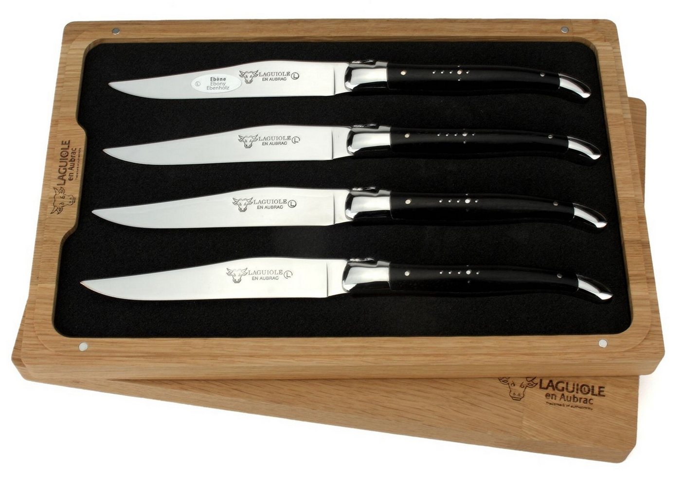 Laguiole en Aubrac Steakmesser 42C99EBIH 4er Set - Griff Ebenholz - Backen glänzend - Klinge glänzend - Holzbox Laguiole en Aubrac Steakmesser 42C99EBIH 4er Set - Griff Ebenholz - Backen glänzend - Klinge glänzend - Holzbox von Laguiole en Aubrac