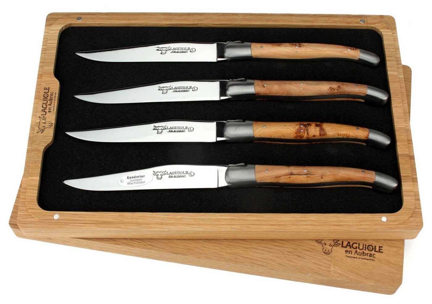 Laguiole en Aubrac Steakmesser 42C99GEIH 4er Set - Griff Wacholder - Backen matt - Klinge glänzend - Holzbox Laguiole en Aubrac Steakmesser 42C99GEIH 4er Set - Griff Wacholder - Backen matt - Klinge glänzend - Holzbox von Laguiole en Aubrac