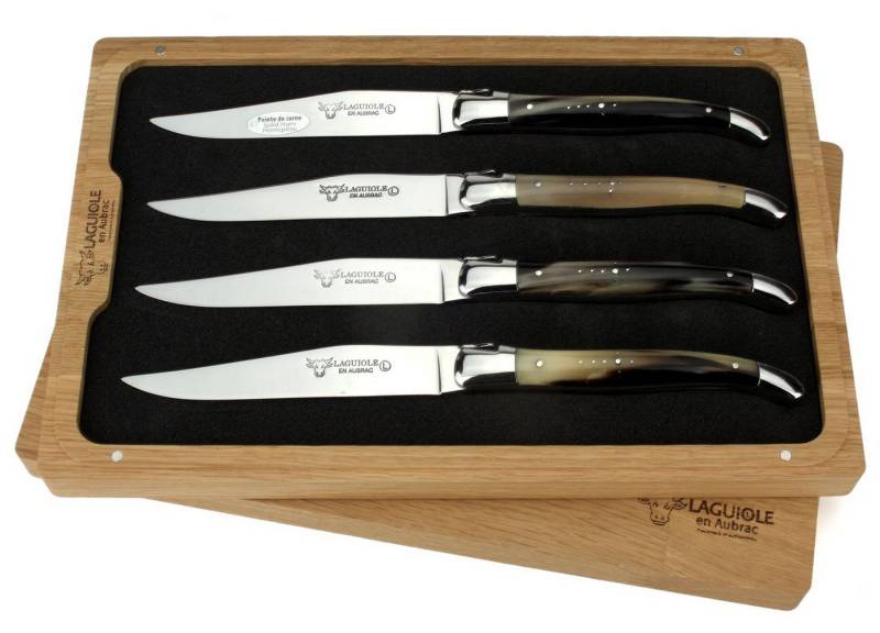 Laguiole en Aubrac Steakmesser 42C99PCIH 4er Set - Griff Hornspitze - Backen glänzend - Klinge glanz - Holzbox von Laguiole en Aubrac