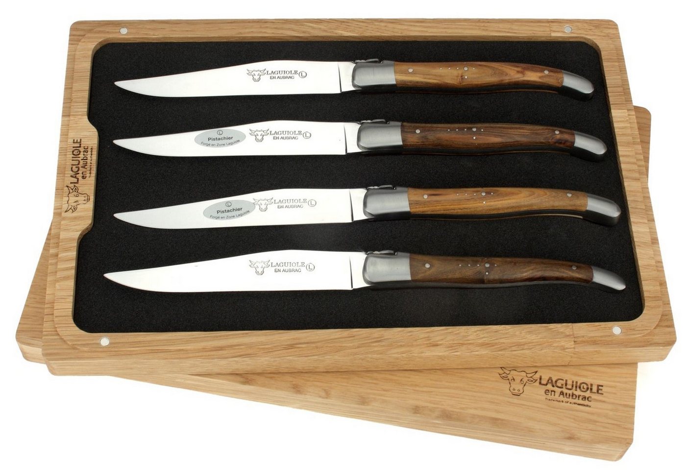 Laguiole en Aubrac Steakmesser 42C99PIIH 4er Set - Griff Pistazie - Backen matt - Klinge glänzend - Holzbox Laguiole en Aubrac Steakmesser 42C99PIIH 4er Set - Griff Pistazie - Backen matt - Klinge glänzend - Holzbox von Laguiole en Aubrac