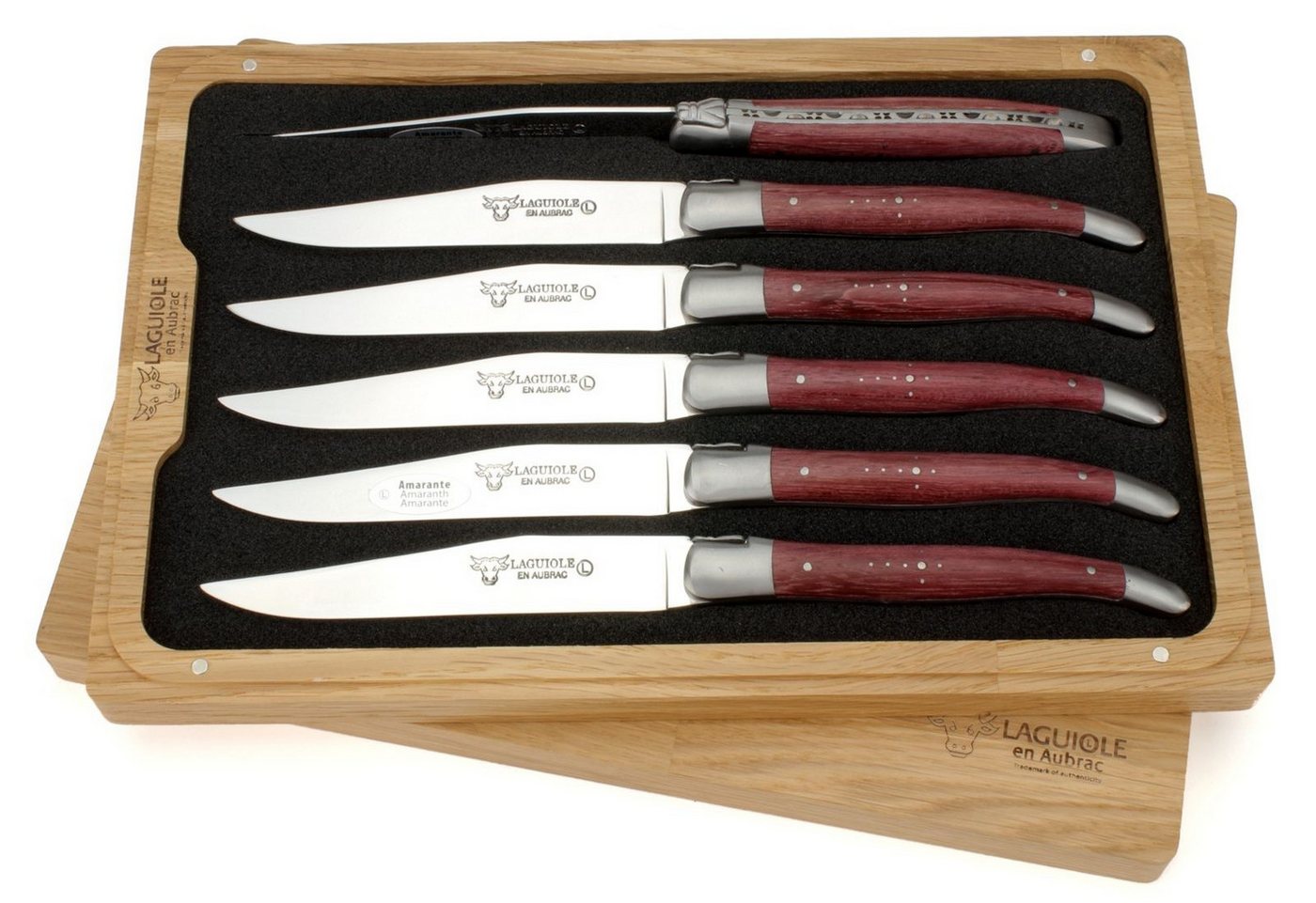 Laguiole en Aubrac Steakmesser 62C99ATIH 6er Set - Griff Amaranth - Backen matt - Klinge glänzend - Holzbox Laguiole en Aubrac Steakmesser 62C99ATIH 6er Set - Griff Amaranth - Backen matt - Klinge glänzend - Holzbox von Laguiole en Aubrac