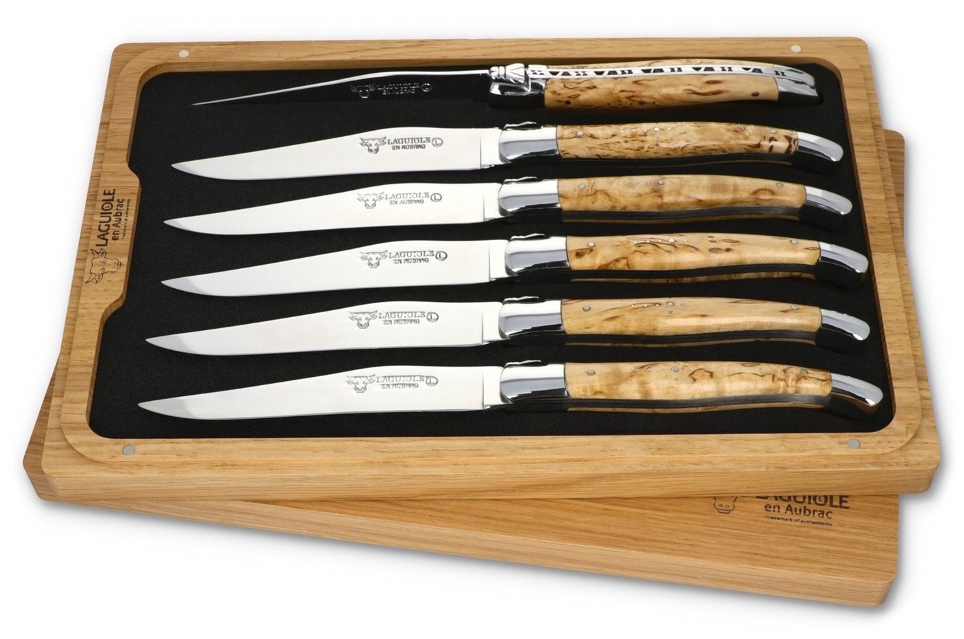Laguiole en Aubrac Steakmesser 62C99BHIH BRI 6er Set - Griff Birke - Backen glänzend - Klinge glänzend - Holzbox Laguiole en Aubrac Steakmesser 62C99BHIH BRI 6er Set - Griff Birke - Backen glänzend - Klinge glänzend - Holzbox von Laguiole en Aubrac