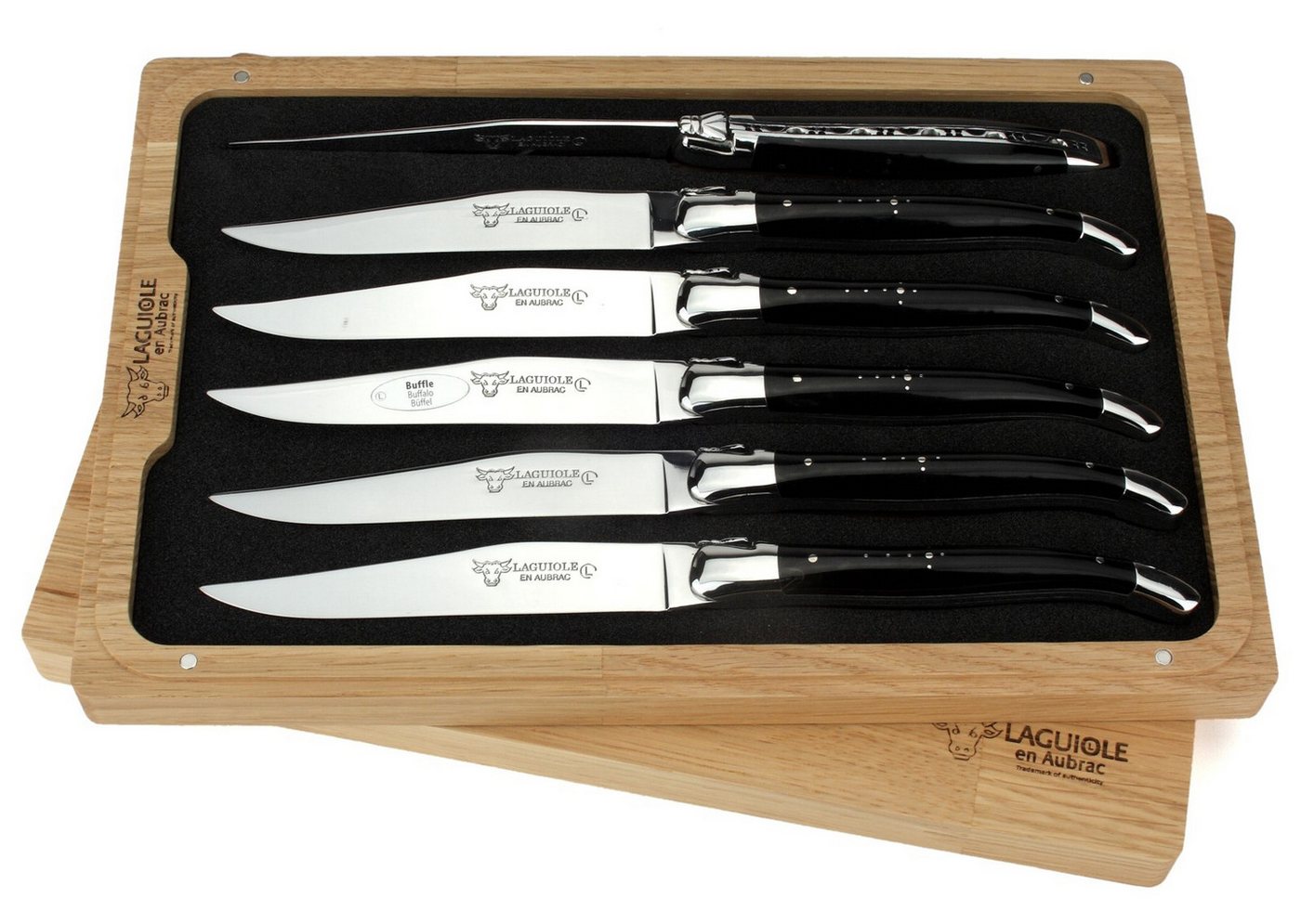 Laguiole en Aubrac Steakmesser 62C99BUIH 6er Set - Griff Büffelhorn - Backen glänzend - Klinge glanz - Holzbox Laguiole en Aubrac Steakmesser 62C99BUIH 6er Set - Griff Büffelhorn - Backen glänzend - Klinge glanz - Holzbox von Laguiole en Aubrac