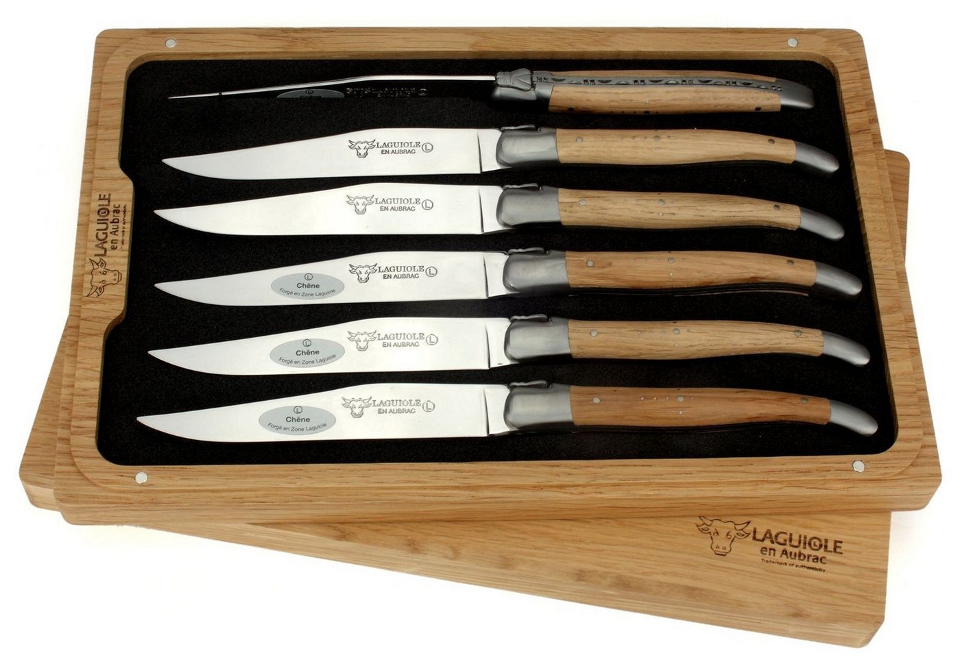 Laguiole en Aubrac Steakmesser 62C99CHIH 6er Set - Griff Eichenholz - Backen matt - Klinge glänzend - Holzbox Laguiole en Aubrac Steakmesser 62C99CHIH 6er Set - Griff Eichenholz - Backen matt - Klinge glänzend - Holzbox von Laguiole en Aubrac