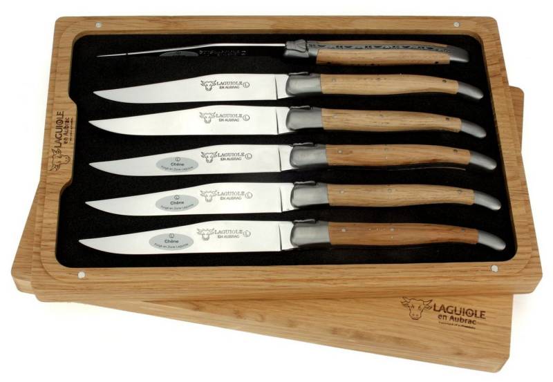 Laguiole en Aubrac Steakmesser 62C99CHIH 6er Set - Griff Eichenholz - Backen matt - Klinge glänzend - Holzbox von Laguiole en Aubrac